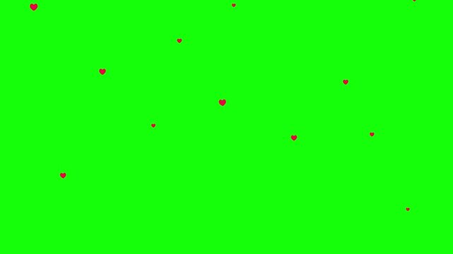 Floating red heart particles on green screen overlay