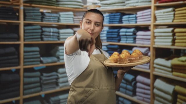 Woman in apron points finger toward camera holding a tray of muffins in a retail building with folded clothes on shelves behind her; inviting hospitality.