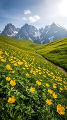 Obraz premium Scenic mountain landscape with vibrant wildflowers and a flowing stream under sunlight
