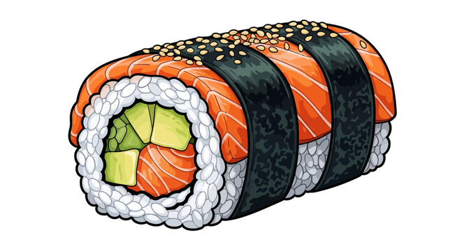 Delicious salmon sushi roll with avocado and sesame seeds