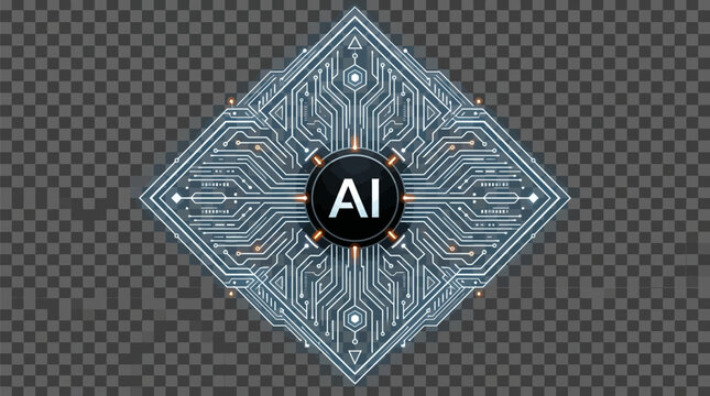 Artificial intelligence circuit board design with ai logo on dark gray background