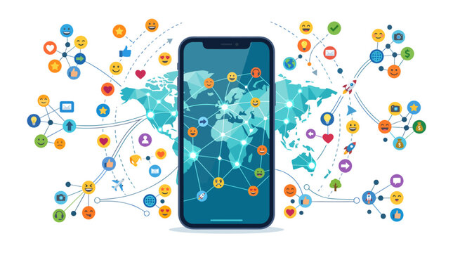 Smartphone connecting the world with social media icons and global network visualization