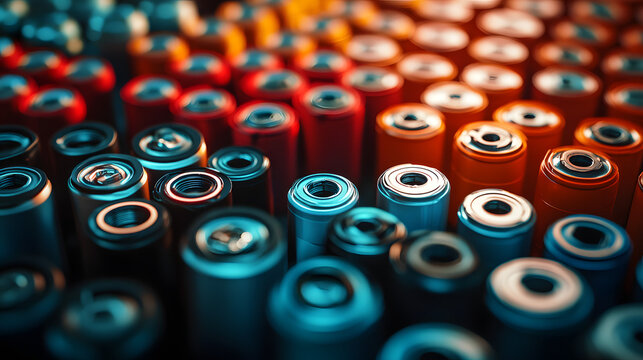 Colorful cylindrical batteries arranged in a dense grid with vibrant red blue and orange hues showcasing metallic textures under soft diffused lighting