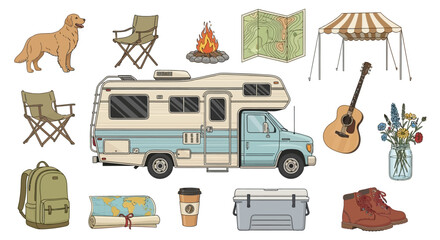 Camping and travel RV van with gear, outdoor adventure concept, summer vacation background © Steven