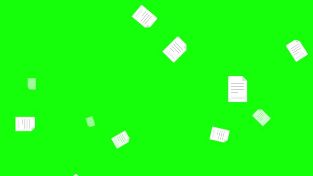 flying office documents falling green screen vector animation