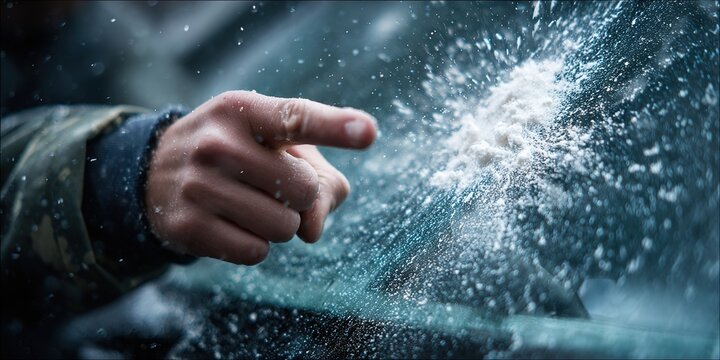 Hand Pointing at Snowy Car Window