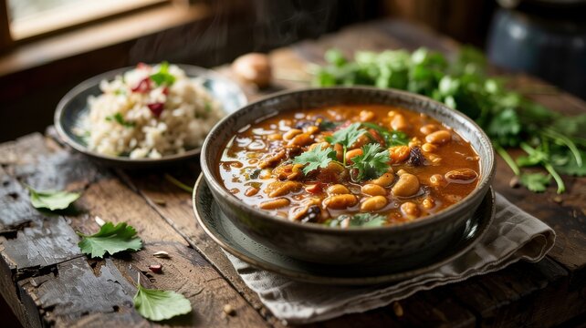A dish of Indian cuisine. The traditional Indian bean curry is Rajma Masala, served in a classic combination with a side dish.