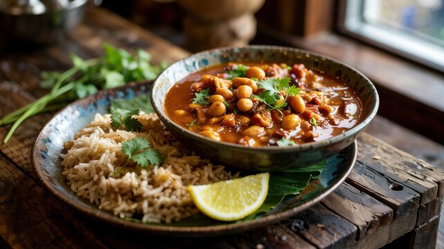 A dish of Indian cuisine. The traditional Indian bean curry is Rajma Masala, served in a classic combination with a side dish.