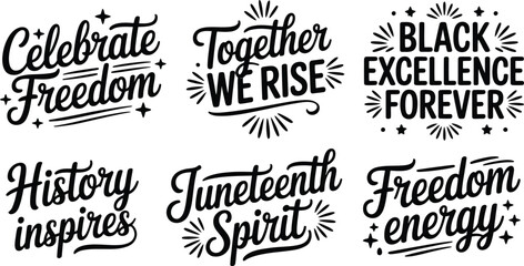 Fototapeta premium Set of Six Black Artistic Typographic Designs Celebrating Juneteenth Freedom and Cultural Pride.