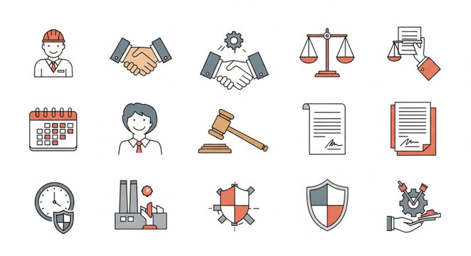 Legal business and finance icons representing justice and security.