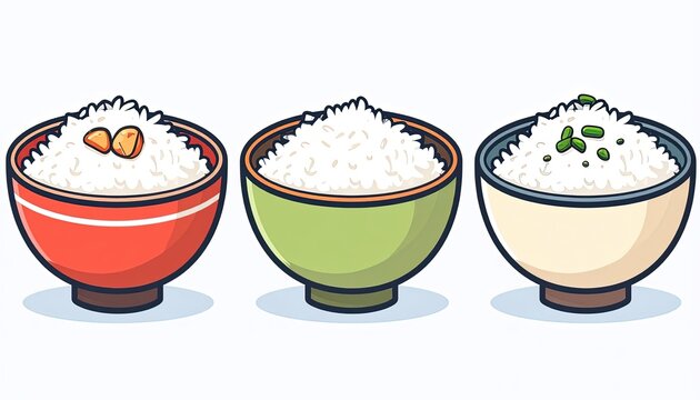 Colorful bowls of white rice varieties.
