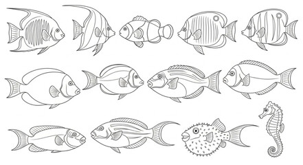 Collection of Stylized Fish and Seahorse Illustrations. © jeng