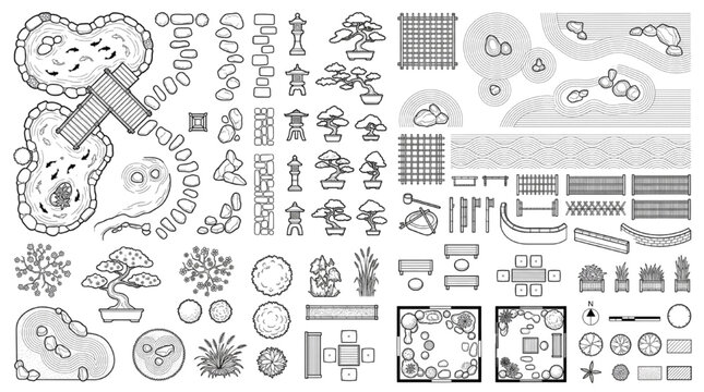 Japanese Zen Garden CAD Symbol Set &mdash; Koi Pond, Bonsai, Stone Lantern, Raked Sand, Bamboo & Bridge
