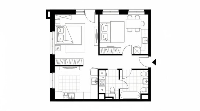 Furnished Two-Bedroom Apartment Floor Plan &mdash; CAD-Style Layout with Kitchen, Living, Bathroom & Dining Zones
