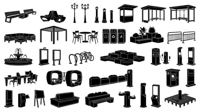 Urban Street Furniture Silhouette Set &mdash; Bench, Lamp Post, Kiosk, Bus Shelter, Bike Rack, EV Charger & Smart Kiosk Icons
