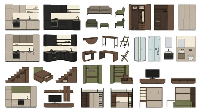 Compact Interior Furniture Elevation Bundle &mdash; Kitchen, Wardrobe, Sofa, Staircase Storage, Bathroom & Bunk Bed Drawings
