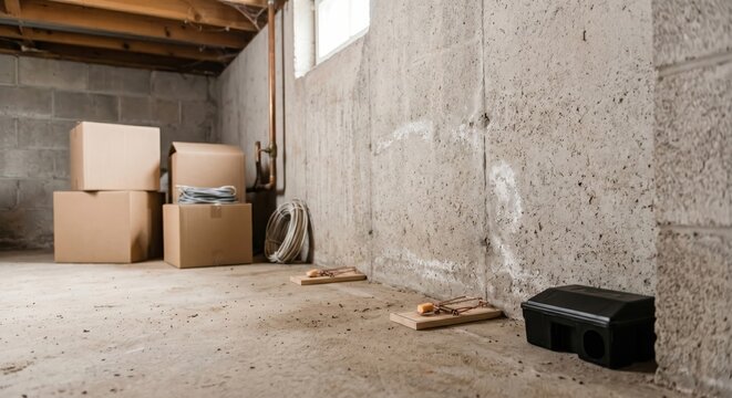 Unfinished basement with cardboard boxes, electrical cords, and mouse traps against concrete wall