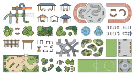 Fototapeta premium Colored Park & Recreation Plan Kit — Playground, Running Track, Gazebo, Garden Beds & Sports Court 