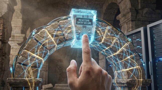 Hand holding glowing digital keystone under ancient Roman architectural archway at night