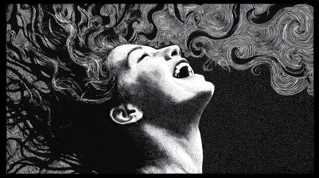 Head tilted up, mouth wide open, person exhales deeply. Hair swirls wildly, swirling lines echo their breath. Dark background contrasts with textured, high-contrast face. Image evokes release