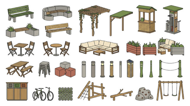 Isometric Outdoor Park Furniture Set &mdash; Bench, Pergola, Picnic Table, Bollard, Planter, Swing & Kiosk
