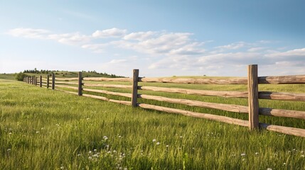 Fototapeta premium A photo of a wooden fence along a grassy field