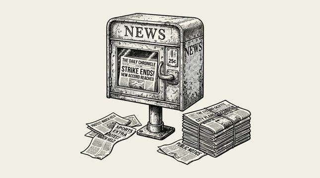 Vintage newspaper vending machine with stack of papers and scattered news sheets on beige background