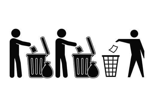 People throwing away trash in recycling bins and garbage cans