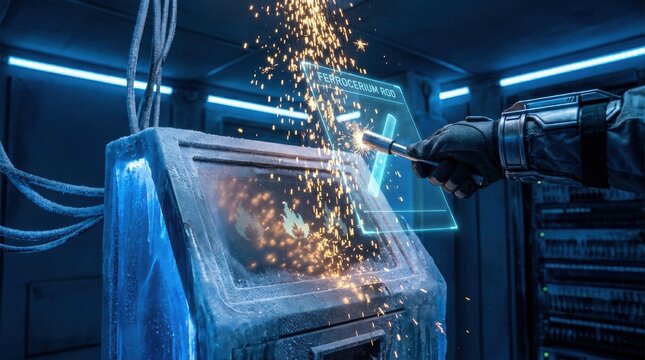 Sparks flying from ferro rod fire starter in workshop with metal tools and equipment