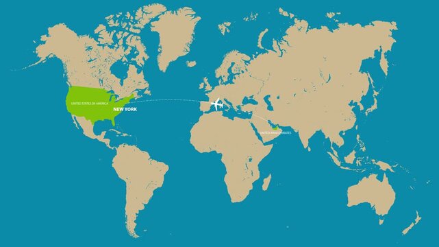 Animated flight route from Dubai, UAE to New York, USA. International air travel, tourism, aviation, logistics, and business trip concept with destination markers.
