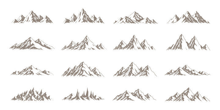 Collection of hand drawn mountain peaks and rocky ranges sketch style nature landscape elements vector illustration.