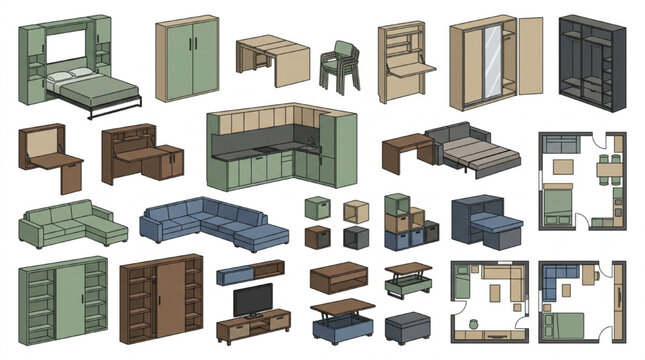 Colored Isometric Space-Saving Furniture Collection &mdash; Murphy Beds, Modular Kitchen, Sectional Sofas, and Studio Floor Plans
