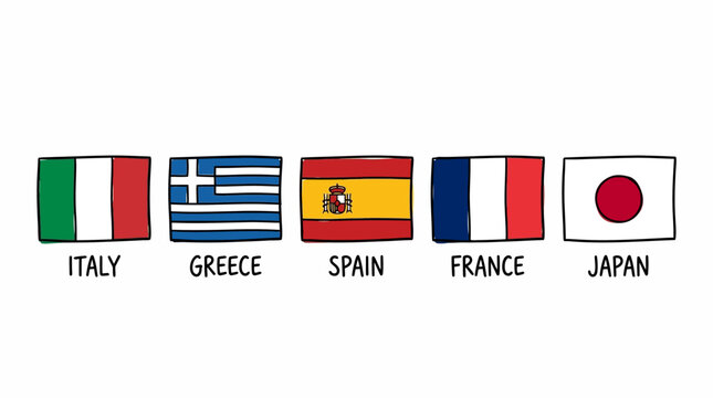 Flags of italy greece spain france and japan on white background