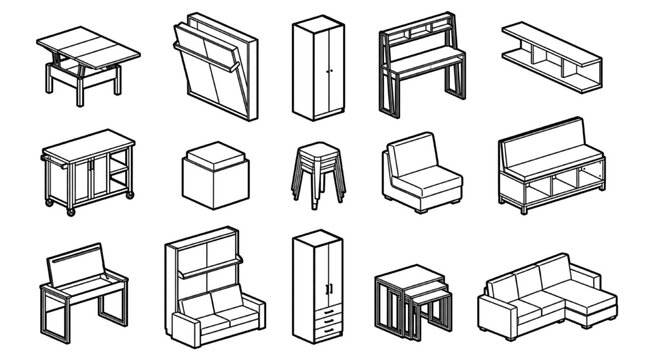 Isometric Furniture CAD Block Collection &mdash; Modular Interior Pieces with Space-Saving and Multifunctional Designs
