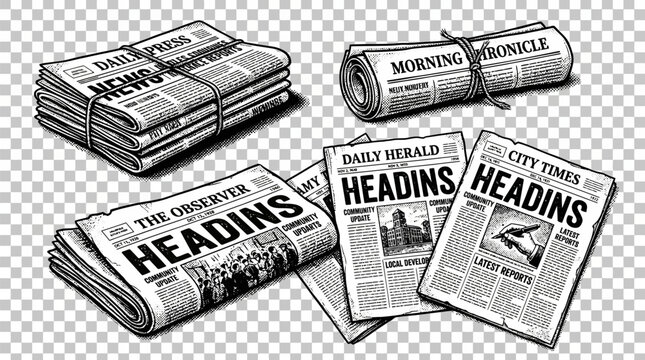 Newspapers stacked and rolled on transparent background black and white illustration