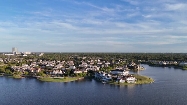 Aerial view of luxurious residential area with million dollar houses by the Woodlands lake, Houston,Texas