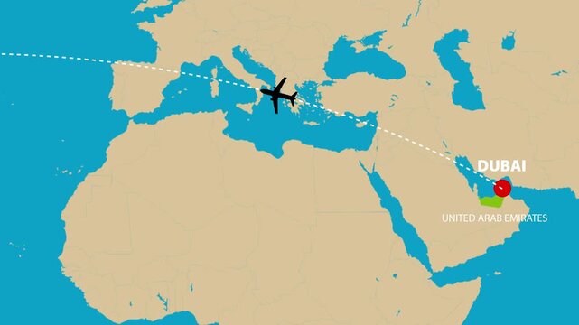 Animated flight route from Dubai, UAE to New York, USA. International air travel, tourism, aviation, logistics, and business trip concept with destination markers.