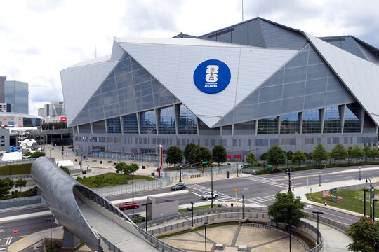 Drone photo of FIFA decorated Mercedes-Benz Stadium in Atlanta Georgia