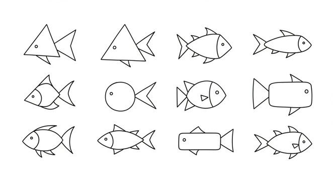 Collection of simple fish drawings in various styles and shapes.