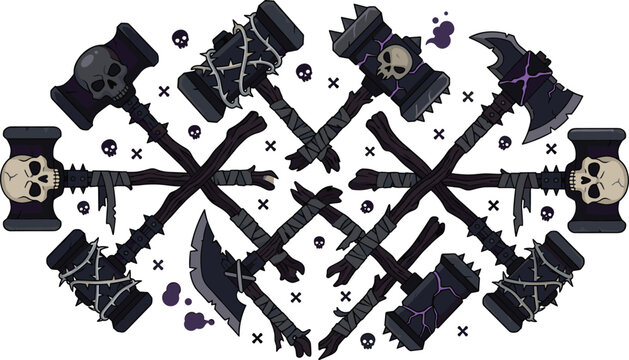 Dark Fantasy Necromancer Weapon Icon Set Featuring Skull War Hammers, Barbed Wire Clubs, Cursed Battle Axes, and Unholy Gothic RPG Game Asset Designs