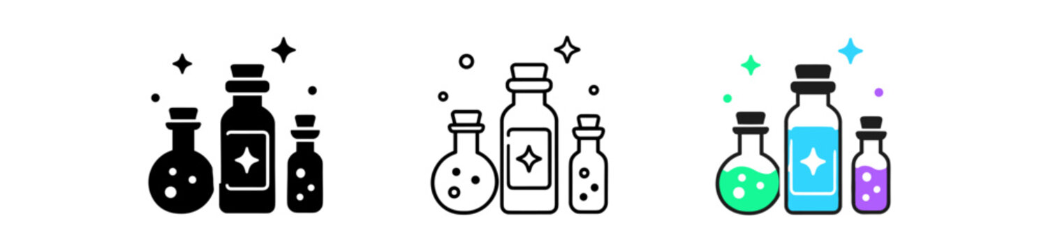 Potion bottles icon set. Bottles, vials, flasks, elixir, magic, alchemy. Liquid, glass, laboratory, ingredients. Line, flat and colored vector icon set.