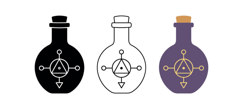 Potion bottle icon set. Alchemy flask, elixir bottle, apothecary jar, magical symbol. Line, flat and colored vector icon set.