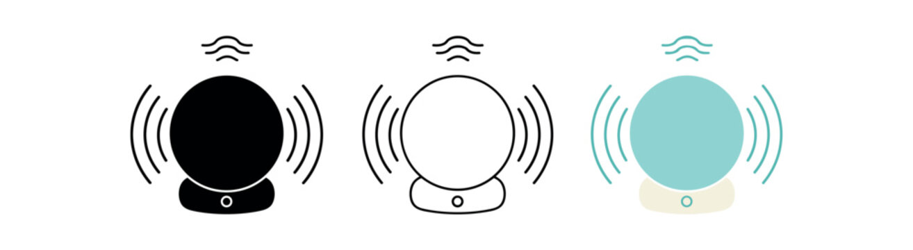 Smart speaker icon set. Voice assistant, wireless speaker, bluetooth, music, alarm, sound waves. Line, flat and colored vector icon set.