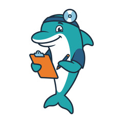 Naklejka premium Dolphin Scientist Holding Clipboard Illustration Containing laboratory animal mascot science research concept and educational cartoon atmosphere