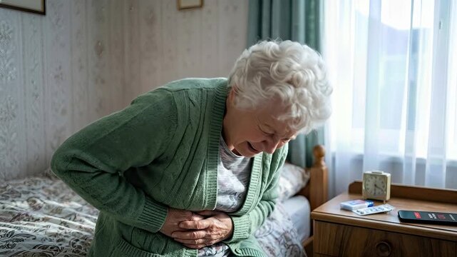 Senior woman experiencing severe abdominal pain, a symptom of potential gallbladder disease, digestive discomfort, and health problems at home, requiring medication and care