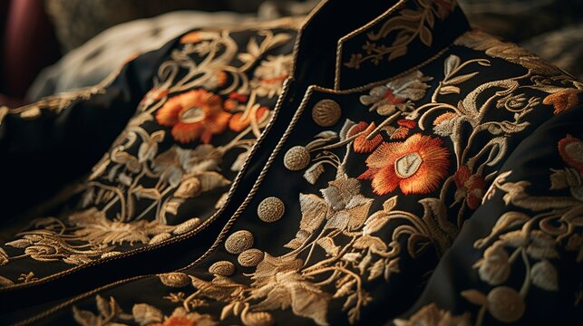 A photo of an embroidered jacket placed on a bed