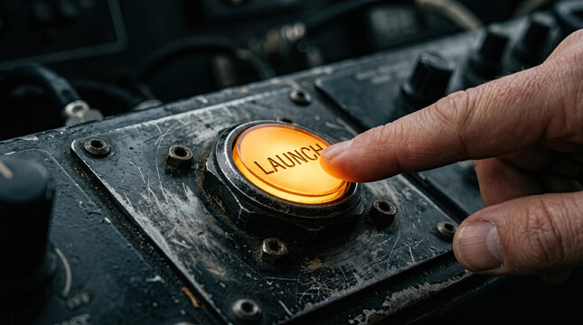 Worker Finger Pressing Glowing Orange Launch Button on Industrial Control Panel