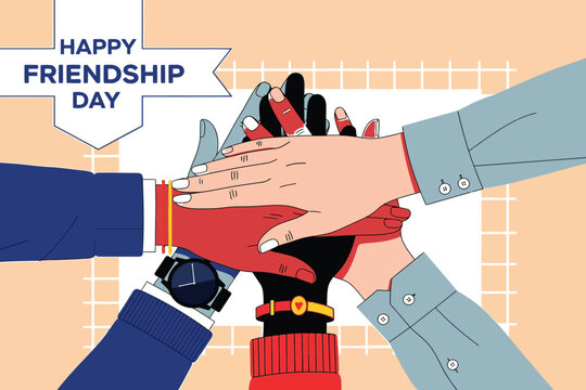Happy friendship day stacked hands illustration