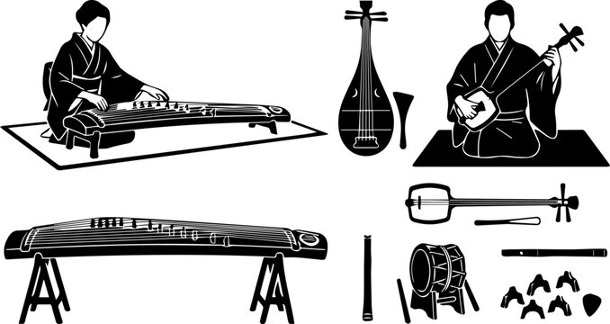 Traditional Asian String Instrument Silhouette Set &ndash; Pipa, Guqin, Erhu, Zither, Classical Music Icons
