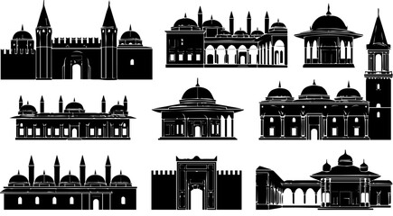 Ottoman Islamic Architecture Mosque Black Silhouette Set Vector Turkey Landmark Illustration © MinhajulIslam